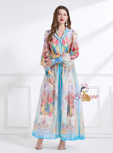 Holiday Lapel Printed Long-sleeved Dress