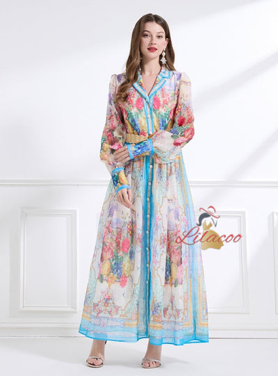Holiday Lapel Printed Long-sleeved Dress