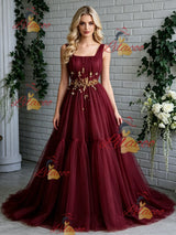 Burgundy Tulle Straps Pleats Prom Dress