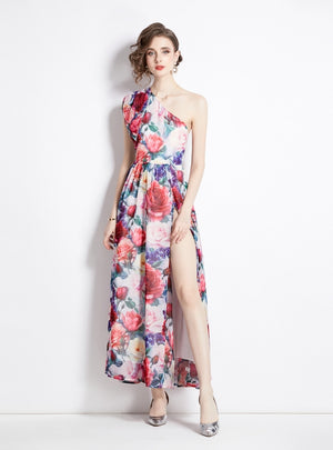 Split Long Chiffon Printed Dress