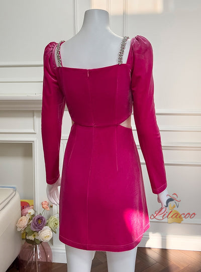 Fuchsia Long Sleeve Velvet Crystal Prom Dress