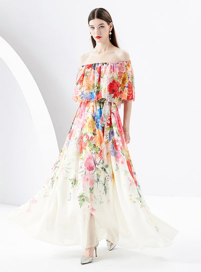 Irregular Diagonal Shoulder Chiffon Floral Dress