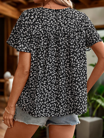 Lace Stitching Printed Short-sleeved Round Neck Shirt