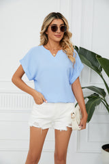 Solid Color V-neck Short Sleeve Chiffon Shirt