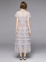 Round Neck Lotus Leaf Short Sleeve Perspective Gauze Dress