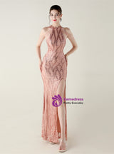 Mermaid Sequins Halter Beading Prom Dress