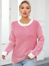 Colour Matching Round Neck Striped Pullover Sweater