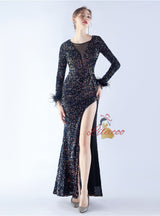 Long Sleeve Mermaid Sequins Split Prom Dress