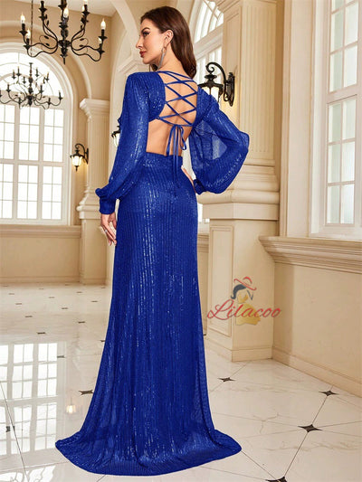 Long Sleeve V-neck Sequins Prom Dress