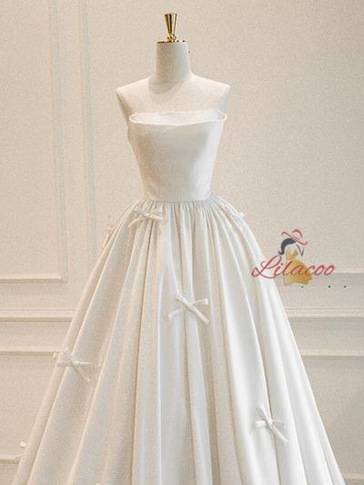 Simple White Satin Strapless Bow Wedding Dress
