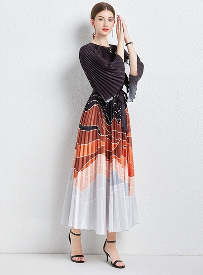 Pleated Loose Printed Pleated Long Seeve Dress