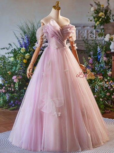 Pink Tulle Pleats Butterfly Prom Dress