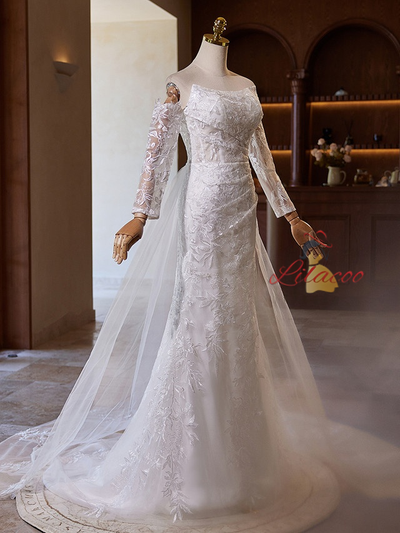 White Mermaid Lace Tulle Long Sleeve Wedding Dress