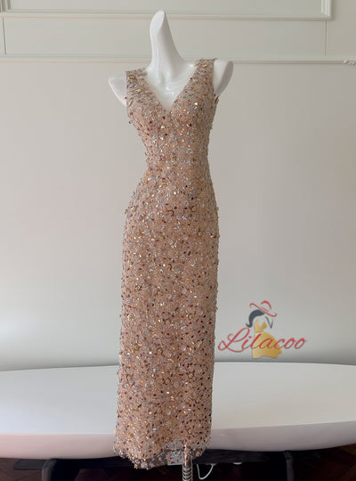 Gold Sequins V-neck Beading Prom Dress