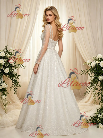 Long Sleeve Sequins Beading Wedding Dress
