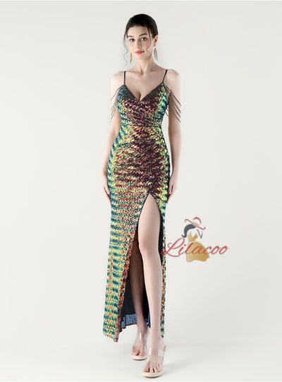 Mermaid Sequins Spaghetti Straps Beading Prom Dress