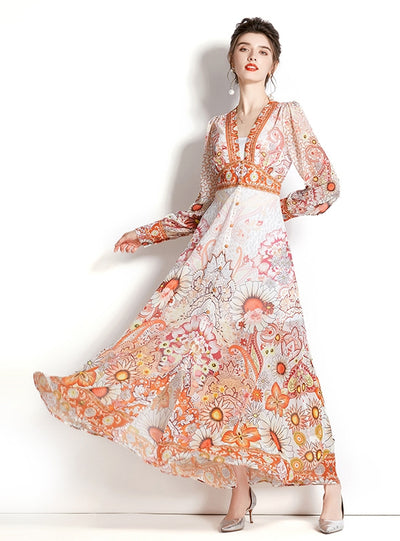 Retro Deep V-neck Lantern Sleeve Printed Dress