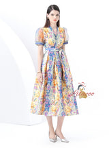 Vintage Printed V-neck Mesh Bubble Sleeve Dress