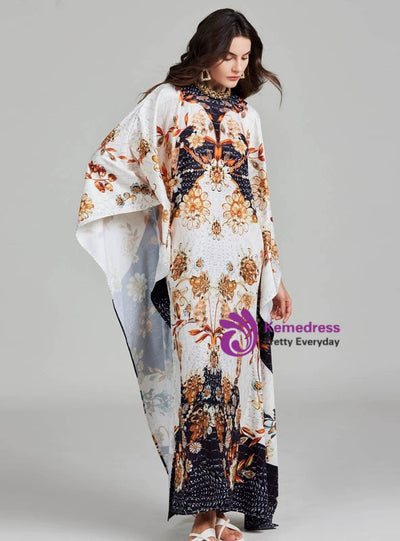 Printed Round Neck Split Nail Drill Loose Dress