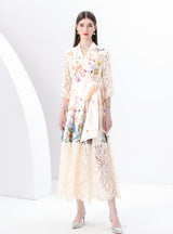 V-neck Long Sleeve Lace Stitching Printed Dress