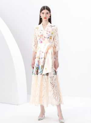 V-neck Long Sleeve Lace Stitching Printed Dress