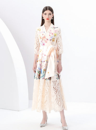 V-neck Long Sleeve Lace Stitching Printed Dress