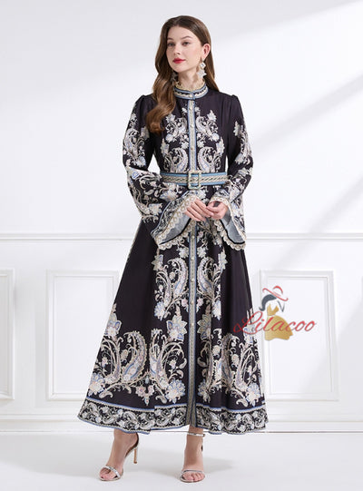 Retro Flared Sleeve Round Neck Printed Dress