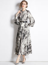 Ink-and-wash Printed Long Sleeve Dress