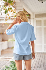Casual Loose V-neck Solid Color Pleated Shirt