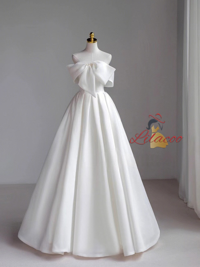 A-Line White Strapless Bow Wedding Dress