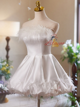 Simple White Satin Strapless Feather Homecoming Dress