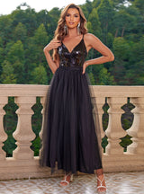 Sequins Tulle V-neck Party Dress