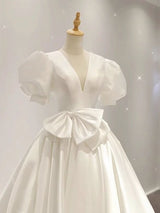 White Satin V-neck Puff Sleeve Wedding Dress