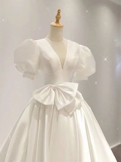 White Satin V-neck Puff Sleeve Wedding Dress