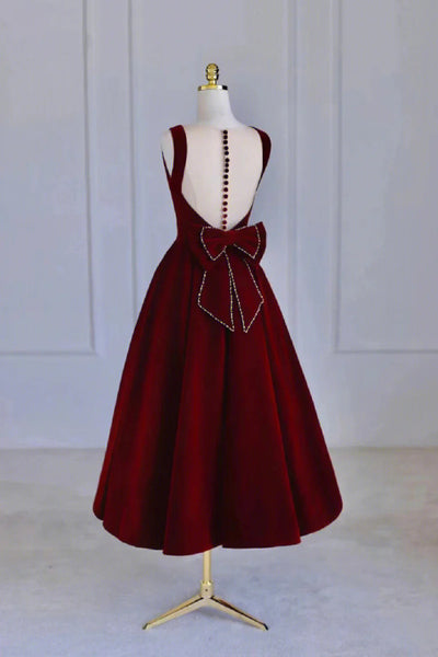 Burgundy Velvet Beading Bow See Through Prom Dress