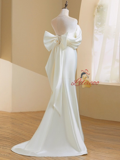 Ivory Satin Off the Shoulder Wedding Dress