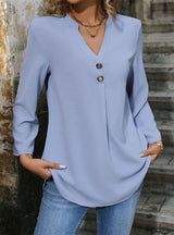 V-neck Button-up Solid Color Shirt