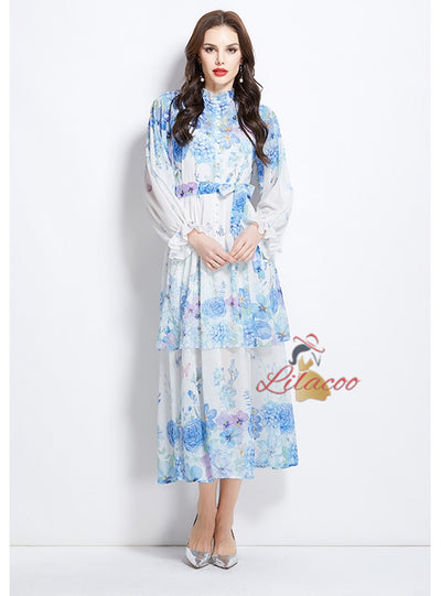 Printed Chiffon Long Sleeve Dress