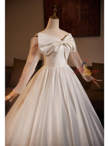 White Satin Long Sleeve Off the Shoulder Wedding Dress