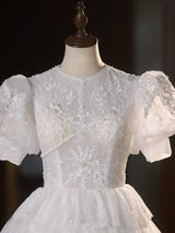 White Ball Gown Lace Short Sleeve Tiers Wedding Dress