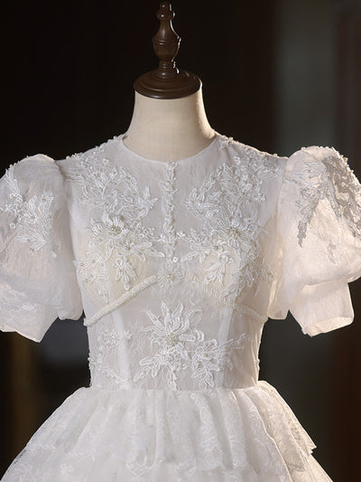 White Ball Gown Lace Short Sleeve Tiers Wedding Dress