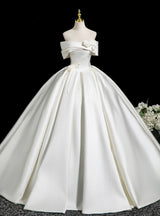 Beige White Satin Flower Pleats Wedding Dress