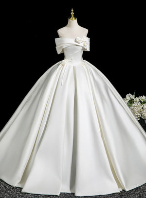 Beige White Satin Flower Pleats Wedding Dress