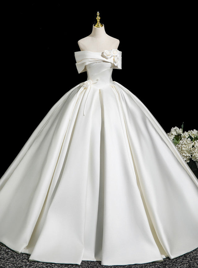 Beige White Satin Flower Pleats Wedding Dress