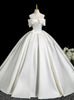 Beige White Satin Flower Pleats Wedding Dress
