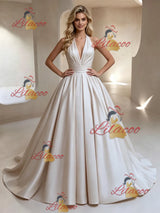 Ivory Satin V-neck Pleats Wedding Dress