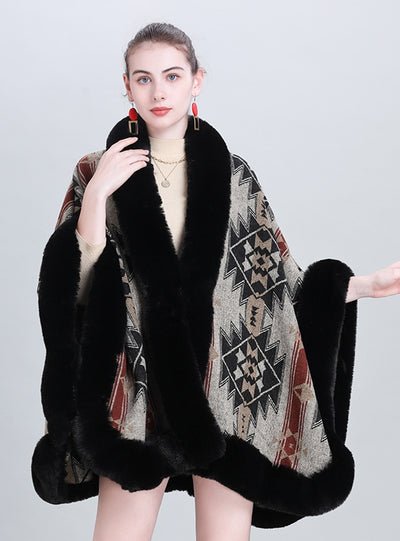 Fashion Fur Collar Jacquard Cloak Shawl