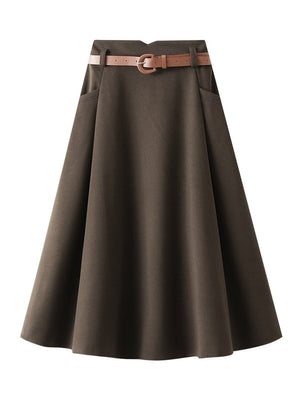 Women Pocket Woolen Skirt With Belt