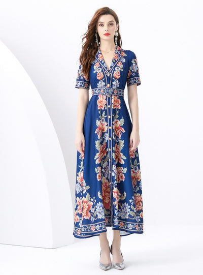 Short-sleeved Plant Print Long Dress