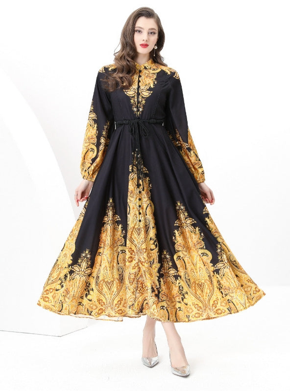 Printed Puff Sleeve Button Long Dress